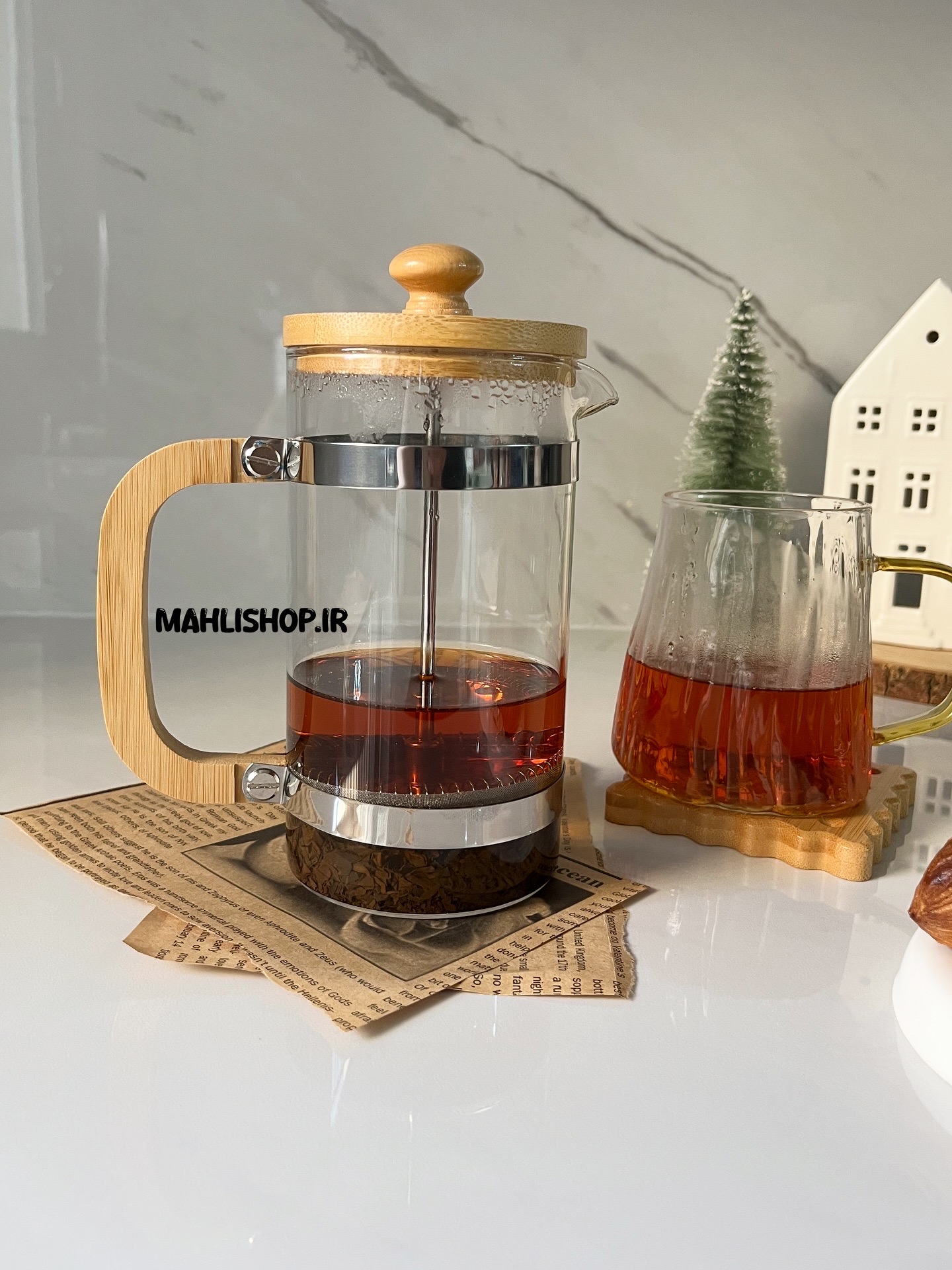 فرنچ پرس پیرکس آنتی شوک درب و دسته بامبو حجم ۶۰۰میل