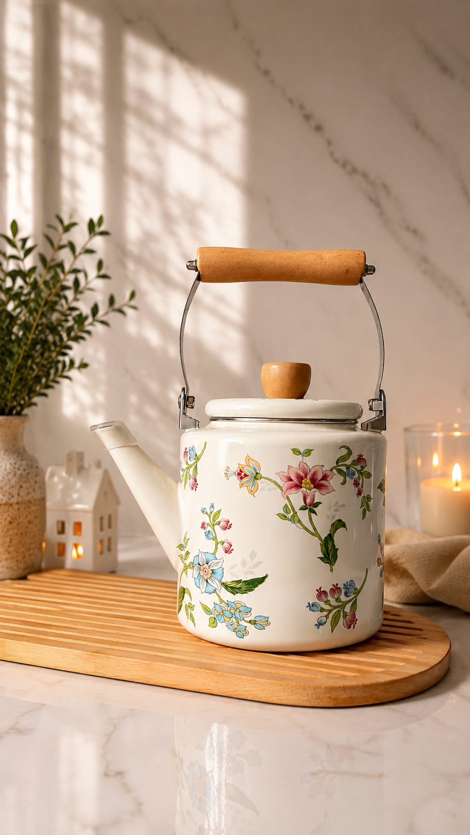 کتری لعابی گلدار وارداتی دسته چوبی